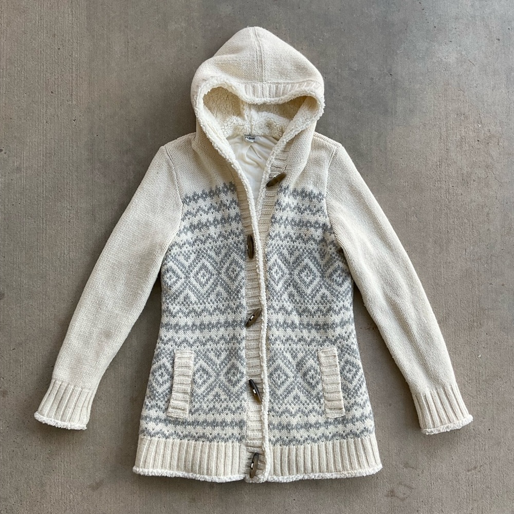 L.L. Bean Cream and Gray Wool Sherpa Knit Toggle Sweater